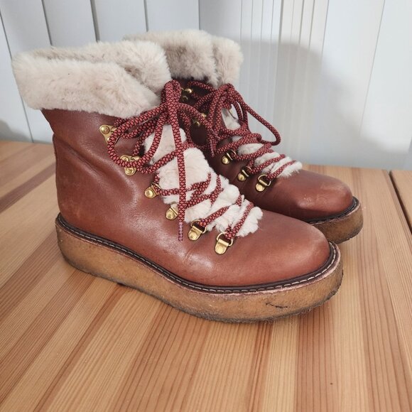 J. Crew Brown Leather Boots With Wedge Sole Nordic Faux Fur - Picture 1 of 11